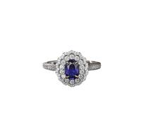Stfery Bague de promesse en or blanc 9 K/14 K/18 carats en saphir créé, bague de cocktail de luxe avec bordure en dentelle pavée pour elle, bague d'anniversaire en or véritable avec saphir ovale 1 ct
