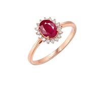 Stfery Bague de promesse en or rose 9K/14K/18K, bague de fiançailles classique en forme de fleur pour femme avec rubis naturel ovale 1 ct et diamants pavés d'or véritable personnalisé, 8, Métal, Rubis