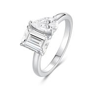 Stfery Bague duo en or blanc 18 carats avec pierre précieuse et moissanite rectangulaire et goutte d'eau personnalisée pour femme, 5, Métal, Moissanite