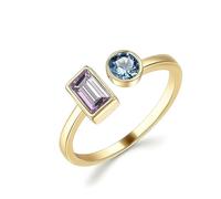 Stfery Bague Duo Pierre Or 18K Femme, Anneau Ouvert Sertie de Améthyste Topaze Rectangulaire et Ronde, Bague Or Jaune 750 Taille 52