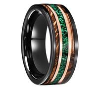 Stfery Bague Homme Acier Tungstène Bicolore 8MM, Anneau Noir Or Rose Incrusté de Bois Opale Verte Fantaisie Taille 63
