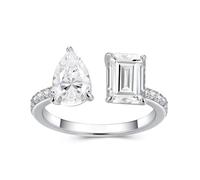 Stfery Bague ouverte en or blanc 18 carats avec pierre duo en forme de goutte d'eau et moissanite rectangulaire personnalisée pour femme, 4.5, Métal, Moissanite
