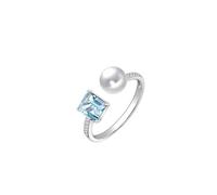 Stfery Bague ouverte en or blanc 9 K/14 K/18 carats pour elle, alliance classique avec aigue-marine, perle d'eau salée et pavés de diamants personnalisés, 8, Métal, Aigue-marine Aigue-marine Perle