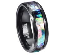Stfery Bague pour homme en acier tungstène incrustée de coquille d'ormeau, 8 mm Rhombus facetté noir multicolore bande pour lui, N 1/2, Métal, Pas de pierre précieuse