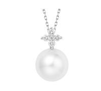 Stfery Chaîne en or blanc 9 K/14 K/18 carats avec pendentif en forme de croix élégante avec perle de 8,5 à 9 mm et diamant 0,09 ct, bijou pour femme personnalisé, 40+5cm, Métal, Perle Diamant
