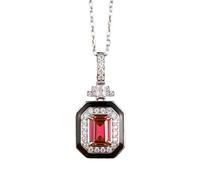 Stfery Collier en or 9 K/14 K/18 carats, pendentif octogone en émail noir avec rubis cultivé en laboratoire 1 ct et moissanites pavées, collier en or blanc pour elle, 40+5cm, Métal, Rubis cultivés en