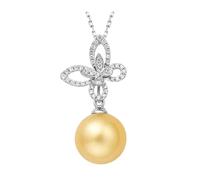 Stfery Collier en or blanc 18 carats avec pendentif en forme de papillon scintillant avec perle des mers du Sud de 8 à 9 mm et diamant 0,1 carat, pour femme