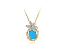 Stfery Collier en or jaune 9 carats pour femme - Motif floral vintage - Avec turquoise - Taille ovale 1,4 carats et diamant - Chaîne en or 9 carats - Personnalisable