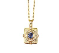 Stfery Collier en or jaune 9 K/14 K/18 carats, pendentif rectangulaire brossé vintage avec saphir ovale cultivé en laboratoire 0,5 ct et moissanites pavées, collier en or véritable pour elle, 40+5cm