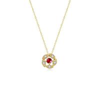 Stfery Collier pour femme en or jaune 9 carats avec pendentif fleur ajourée avec rubis 0,1 ct et diamant, chaîne en or 9 carats, véritable bijou personnalisé