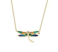 Stfery Collier pour femme en or jaune 9 carats avec pendentif libellule avec émail coloré et diamant 0,006 carat, chaîne en or 9 carats, véritable bijou personnalisé