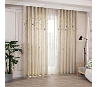 Stfery Rideau Voilage Chambre à Œillets, Lot de 2 Rideaux Beige Effet Lin Motif Feuilles Oiseaux Bordés pour Fenetre Salon Semi Opaque Decoratif, 86x160cm x 1pc