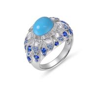 Stfery Statement Pavé Bague de fiançailles en or blanc 18 carats pour femme Bague de cocktail en forme de plume avec laboratoire Turquoise 3 carats Coupe ovale Au750 Taille 47 (15,0)