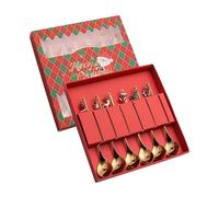 Stgfyxgs 6 Pièces Fourchette et Cuillère à Dessert Service Vaisselle Noël Acier Inoxydable Créatif Décoré Convient pour Famille Table Maison Fête Cadeau, Cuillère Boîte Rouge