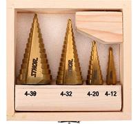 Sthor Foret étagé HSS titane pour métal, bois, plastique - Tailles au choix 4-12/4-20/4-32/4-39 mm - ou en kit, centrage automatique conique (4-12 mm, 4-20 mm, 4-32 mm, 4-39 mm)