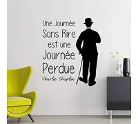 Sticker adhésif Mural Citation noir, Sticker Autocollant Phrase Charlie Chaplin "Une journée sans rire est une journée perdue" - Décoration Murale - 65 x 55cm