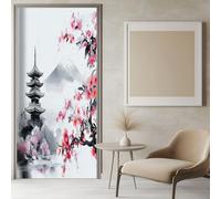 Sticker de Porte 3D Fleurs De Cerisier Des Temples Japonais 77x200 cm Blanc Autocollant de Porte PVC, Papier Peint pour Porte Intérieure Chambre Salle de Bain, Stickers Porte Placard Déco Moderne
