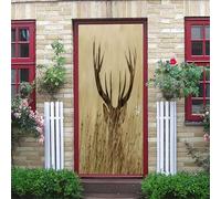 Sticker De Porte Élan Brun Caché Dans L'Herbe 90X200Cm Trompe L'Oeil Effet 3D Intérieure Papier Peint Imperméable Auto-Adhésif Muraux Chambre Salon Cuisine Autocollant De Porte Décoration