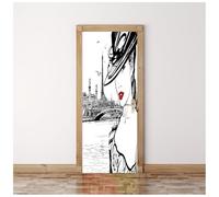 Sticker De Porte Illustration De Mode De Style Parisien 90X200Cm Trompe L'Oeil Effet 3D Intérieure Papier Peint Imperméable Auto-Adhésif Muraux Chambre Salon Cuisine Autocollant De Porte Décoration