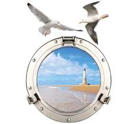Sticker décoratif, photo d'un hublot trompe l'oeil vu sur le bord de mer avec un phare, 68 cm X 48 cm