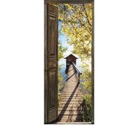 Sticker décoratif pour porte, trompe l'oeil porte en bois ouverte vue d'automne, un ponton qui mène à une cabane au dessus d'un lac