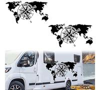 Sticker Mappemonde Boussole Déco - Kit Stickers Van Life Camping Car - Autocollant Voiture Moto Camping Car - Stickers Boussole Camping Car - Pack de 2 unités (160x84 cm, Noir)