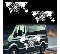 Sticker Mappemonde Boussole Déco - Kit Stickers Van Life Camping Car - Autocollant Voiture Moto Camping Car - Stickers Boussole Camping Car - Pack de 2 unités (160x84 cm, Blanc)