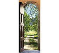 Sticker mural 204 cm X 83 cm, trompe l'oeil porte en bois ouverte sur une prairie avec collines - Décoration murale.