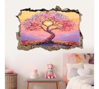 Sticker Mural 3D | Arbre Fantastique Autocollant De Décoration En Vinyle | Coucher De Soleil Sur Flower Mountain Décoller Et Coller | Décor De Chambre D'Enfant De Chambre De FillesDe Bordure Fissurée
