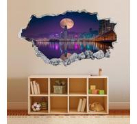 Sticker Mural 3D City skyline Moon Stickers Muraux Smashed Imperméable Tatouage mural pour enfants chambre salon salle de jeux pépinière décor à la maison 43x75cm