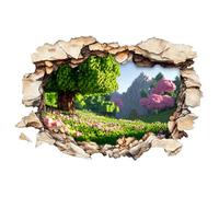 Sticker mural 3D de style bloc - Effet percée réaliste - Paysage de forêt de pixels - Décoration murale en vinyle autocollant pour chambre de joueur et de garçon