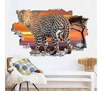 Sticker mural 3D en PVC avec motif léopard qui traverse un mur déchiré, coucher de soleil et paysage pour salon, chambre à coucher, bureau, amovible, imperméable