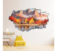 Sticker Mural 3D Maisons Au Bord Du Lac Des Arbres Décoration Murale Plancher Plafond Brisé Décalque Art Décoration Paysage D'Automne En Montagne Pour Salle De Bain Chambre Salon Salle De Jeux Murale