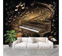 Sticker Mural 3D Papier Peint Panoramique 3d Art Piano Notes De Musique Peler Et Coller Fresque Murale 300x210 cm Noir Et Or Papier Peint Photo Créatif enfants DIY Salon intérieure Bureau Crèche