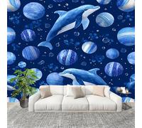 Sticker Mural 3D Papier Peint Panoramique Dessin Animé OcéAn Animaux Dauphins Peler Et Coller Fresque Murale 250x175 cm Bleu Papier Peint Photo Créatif enfants DIY Salon intérieure Bureau Crèche