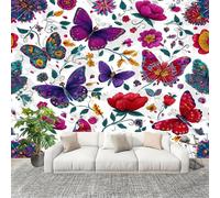 Sticker Mural 3D Papier Peint Panoramique Papillon et fleurs romantiques Peler Et Coller Fresque Murale 250x175 cm Coloré Papier Peint Photo Créatif enfants DIY Salon intérieure Bureau Crèche