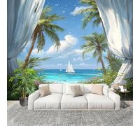 Sticker Mural 3D Papier Peint Panoramique Paysages Tropicaux En Bord De Mer Peler Et Coller Fresque Murale 300x210 cm Bleu Papier Peint Photo Créatif enfants DIY Salon intérieure Bureau Crèche