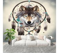 Sticker Mural 3D Papier Peint Panoramique RêVe TêTe De Loup Attrape-RêVes Peler Et Coller Fresque Murale 200x140 cm Gris Papier Peint Photo Créatif enfants DIY Salon intérieure Bureau Crèche