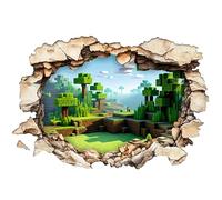 Sticker mural 3D style bloc : effet de brèche réaliste | Sticker paysage forêt en pixels pour chambre de garçon et de gamer | Autocollant en vinyle à coller soi-même