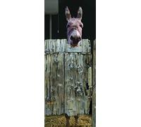 Sticker mural âne dans étable, 204 cm X 83 cm, décoration porte trompe l'oeil, paille et toilettes, décor intérieur.