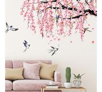 Sticker mural aquarelle fleurs de cerisier oiseaux rose arbre branche grand sticker mural fleurs salon chambre canapé fond décoration murale
