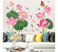 Sticker mural artistique chinois représentant lotus pour koi poisson et libellule pour décoration intérieure PVC amovible