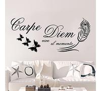 Sticker mural Carpe Diem en forme de plume avec inscription « Live in the moment » 117 x 50 cm