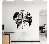 Sticker mural carte du monde boussole camping-car autocollant mural bureau salon autocollant mural, noir, 30 cm de large x 30 cm de haut