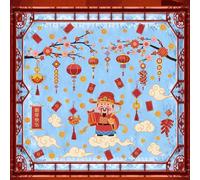Sticker Mural Chinois Nouvel An Décoration Murale avec Lanterne Fleur de Pêche et Bonne Fortune pour Fête du Printemps Salon Entrée Autocollant Amovible et Réutilisable