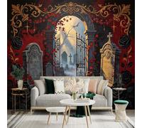 Sticker mural de taille personnalisée, cimetière gothique avec lanternes jacko, roses sombres et arche en pierre mystique, pour décoration murale, décalcomanies murales peelandstick.