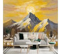 Sticker mural de taille personnalisée, paysage de montagne coucher de soleil doré avec fleurs blanches et ciel radieux, pour décoration murale, décalcomanies murales peelandstick.