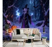 Sticker mural de taille personnalisée, sorcière enchanteresse dans la forêt enneigée, sorts magiques lumineux, lanternes jacko, nuit d'hiver mystique, pour décoration murale, décalcomanies murales