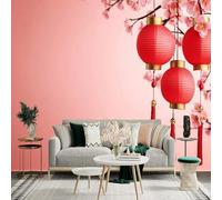 Sticker mural de taille personnalisée, trois lanternes rouges avec fleurs roses, papier peint autocollant décoratif, grand papier peint photo pour salon, chambre à coucher et bureau