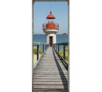 Sticker mural décoratif 204 cm X 83 cm, trompe l'oeil ponton et phare, vue sur mer, pour porte, décoration intérieure.
